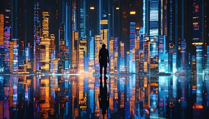 Wall Mural - Futuristic digital cityscape with silhouetted figures amidst holographic projections and vibrant reflections