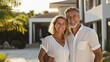 © Luiri Art - Happy mature couple standing outside their modern luxury villa, smiling and embracing, enjoying their new home on a sunny day