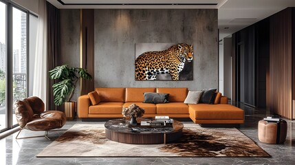 Jaguar print wallpaper on a feature wall in a luxurious apartment