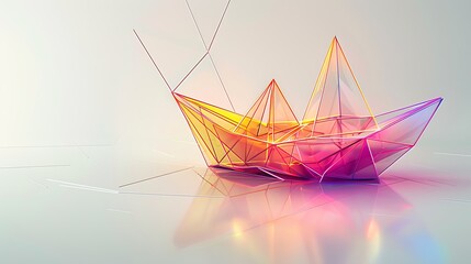 Modern abstract artwork with a paper boat formed from a mash of neon lines and points, set against a clean white background. The image is rendered in high-definition for clear, detailed visualization.