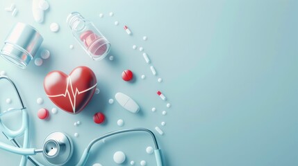 Wall Mural - A heart is surrounded by pills and a heart monitor