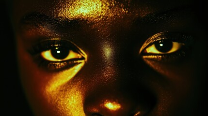 Wall Mural - Close-up of an African woman's eyes, highlighted with golden light, creating an intense and dramatic mood.