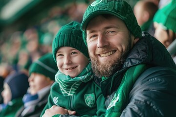 Wall Mural - A man and a boy are smiling for the camera in a green jacket