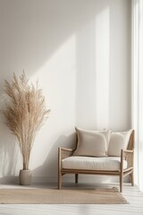 Modern minimalist living room with wicker chair and beige decor, featuring soft natural lighting.