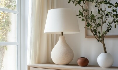 Modern ceramic table lamp with white shade placed on wooden desk by window, next to potted plants.