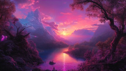 Wall Mural - A picturesque and ethereal landscape with vibrant colors of pinks, purples, and oranges depicting a surreal sunset. A calm river reflects the radiant sunset, creating a striking contrast with the surr