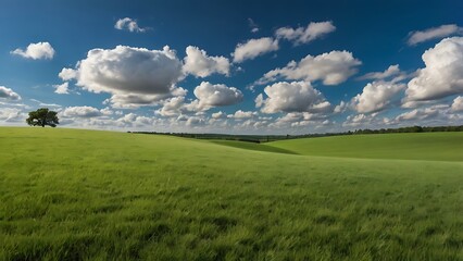 Landscape image featuring a vast, gently rolling green hill under a clear vibrant blue sky, nature background