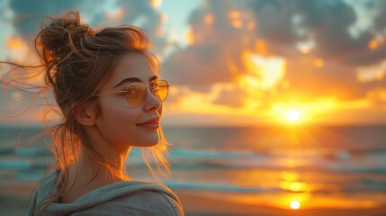 Stunning Woman Admiring Beach Sunset in Shawl on Fresh Evening