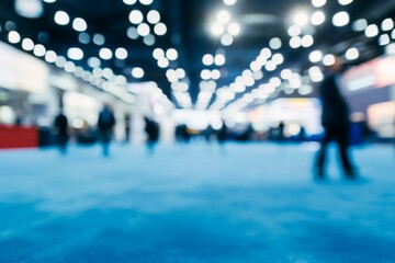 Blurred background of business fair or exhibition hall with lights and people on a blue carpet floor at event venue, captured using a Nikon D850 with 24-70mm f/2.8 lens.