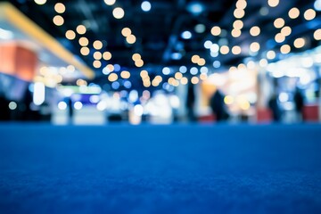 Blurred background of business fair or exhibition hall with lights and people on a blue carpet floor at event venue, captured using a Nikon D850 with 24-70mm f/2.8 lens.