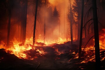 Forest fire burning with a lot of smoke at night. Wildfire. Heatwave causes forest burning rapidly and destroyed, natural calamity. Pine trees burned during the dry season. Natural disaster