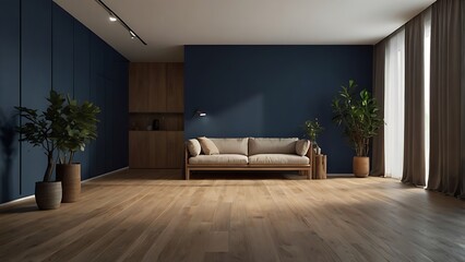 Modern, minimalist wooden dining room with a Scandinavian design style, open plan area with light wooden flooring and dark blue walls