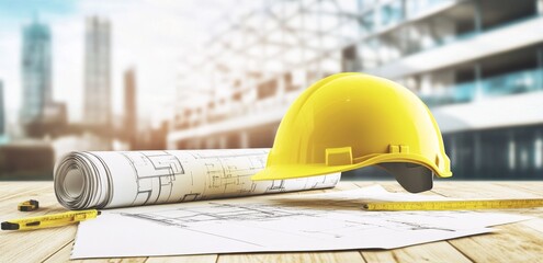 Yellow construction helmet on blueprints and tools with an office building in the background, representing urban planning and architecture.