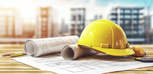 Yellow construction helmet on blueprints and tools with an office building in the background, representing urban planning and architecture.