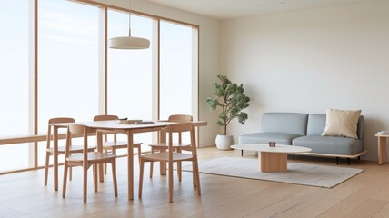 Minimalist, japandi interior design of modern living room with dining table.