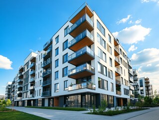 Modern apartment building exterior with panoramic windows and balconies in Scandinavian style under blue sky, showcasing contemporary residential design and urban real estate concept.