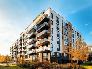 modern apartment building exterior with panoramic windows and balconies in scandinavian style under 