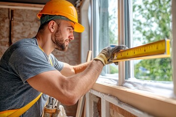 Construction worker installing new windows with level in home renovation project