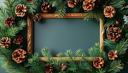 Christmas frame adorned with fir branches and pine cones for festive holiday decor