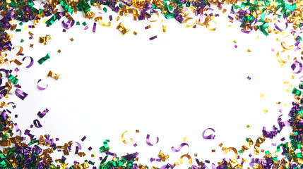 mardi gras confetti: a lively frame made from purple, green, and gold mask-shaped confetti, scattered around a bright white background, the bold colors create a festive border