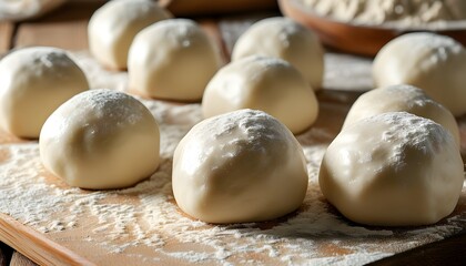 Flour-dusted white dough balls on a rustic wooden table in a food manufacturing setting