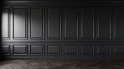 background of a sophisticated and minimalist interior design style, featuring a dark, matte black paneled wall and empty dark brown floor, blank free space picture