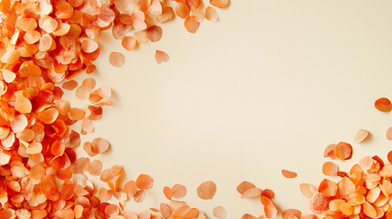 sunset orange and peach confetti: a warm frame made from sunset orange and peach confetti, arranged around a light cream background, the warm hues create a cozy and inviting border