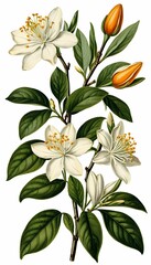 olated old neroli illustration botanical background  old vintage retro watercolor botanical botanic plant leaf isolated herb nature tree branch leaf white ingredient herbal botany healthy garden