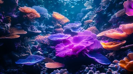 Aerial shot of a coral reef in shallow water, showcasing vibrant marine life, glowing bioluminescent corals at night, Holographic style, Soft blues and purples, Hyper-detailed