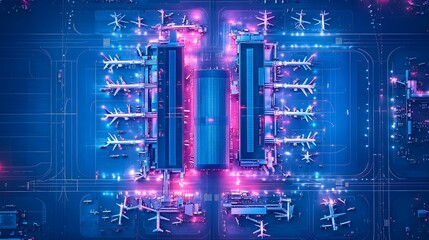 Top-down view of an airport, planes soaring into the sky, illuminated digital maps and AR flight paths, minimalistic architecture with neon accents, clean lines and warm lighting