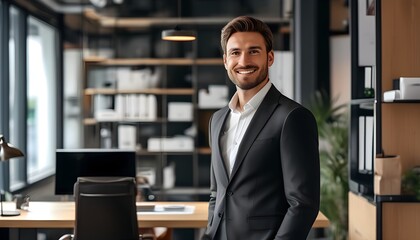 Wall Mural - Sophisticated businessman exuding confidence with a subtle smile in a contemporary office setting