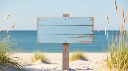 Rustic, weathered wooden sign board with a distressed light blue paint finish, mounted on a single wooden post on beach background