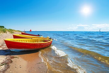 Red and yellow sailing boats resting on the bank of a sunlit sea, with clear blue summer skies and gentle waves lapping at the shore.