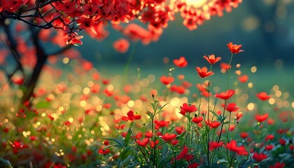 serene morning wildflower scene with bokeh effect featuring vibrant red flowers under a tree amidst a peaceful spring summer field