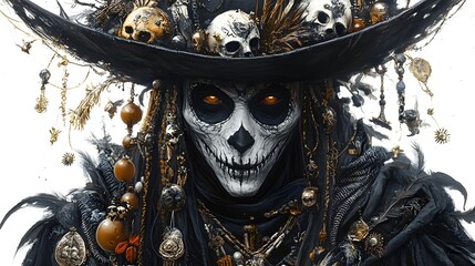 Dark voodoo priest, adorned with pins, charms, and Halloween masks, highly detailed digital painting, isolated on white background