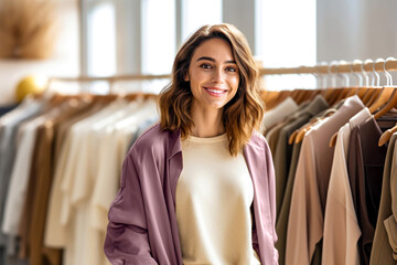 Smiling woman customer in beige t-shirt, lavender jacket stands in minimalistic, modern clothing store. Hangers on background. Concept of sustainable fashion, eco-conscious materials, ethical retail