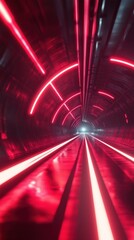 Wall Mural - futuristic neon-lit tunnel with a glowing red light leading to a bright, distant exit.