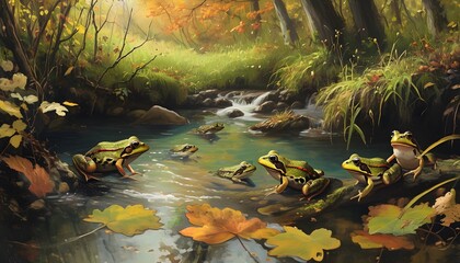 frog resting in water stream among autumn forest showcasing wildlife in natural habitat