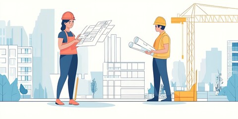 Sticker - Woman engineer giving instructions to construction worker based on blueprints.