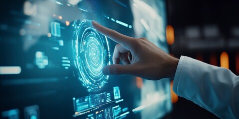 Poster - Visionary Leadership: Man Harnesses Holographic Display for Data Analysis, Driving Business Success. A man's hand touches a technological touch screen. 