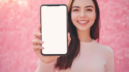 A woman is holding a phone with a white screen and smiling. pink background