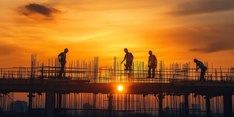 Wall Mural - Silhouette of construction workers on the construction site at sunset. 