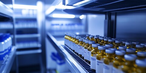 Poster - Rows of vaccine vials neatly arranged in a high-tech refrigeration unit showcase the precision and vital role of modern medicine and health preservation