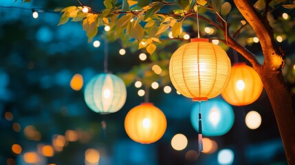 Wall Mural - Lanterns Hanging from a Tree Branch at Night