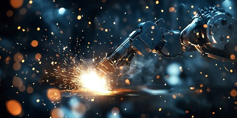 Wall Mural - robot welding in a high tech industrial environment with sparks flying dark background