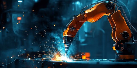 Wall Mural - robot welding in a high tech industrial environment with sparks flying dark background