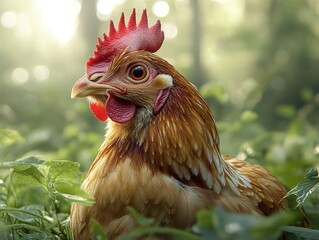 Wall Mural - Close-Up Portrait of a Brown Hen in Lush Green Grass