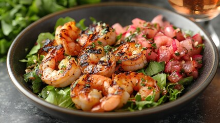 Wall Mural - Grilled shrimp on a bed of greens with fresh salsa.