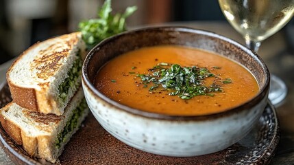 Wall Mural - A bowl of tomato soup with a sandwich on the side.