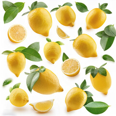 Wall Mural - Flying juicy lemon slices with leaves isolated on a white background